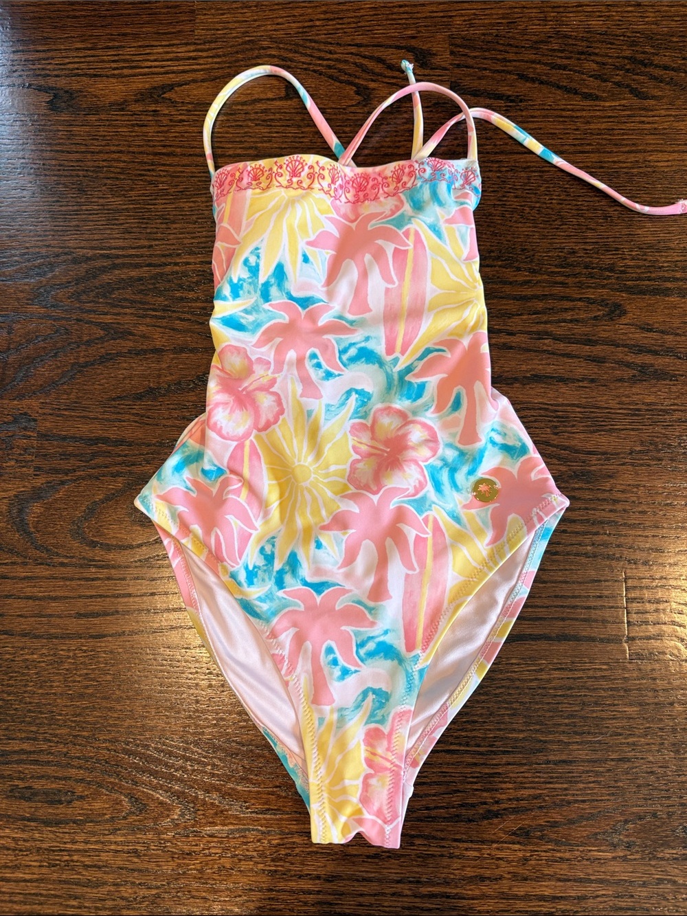 Pink Palm Puff One-Piece Swimsuit. Only worn for the try on.